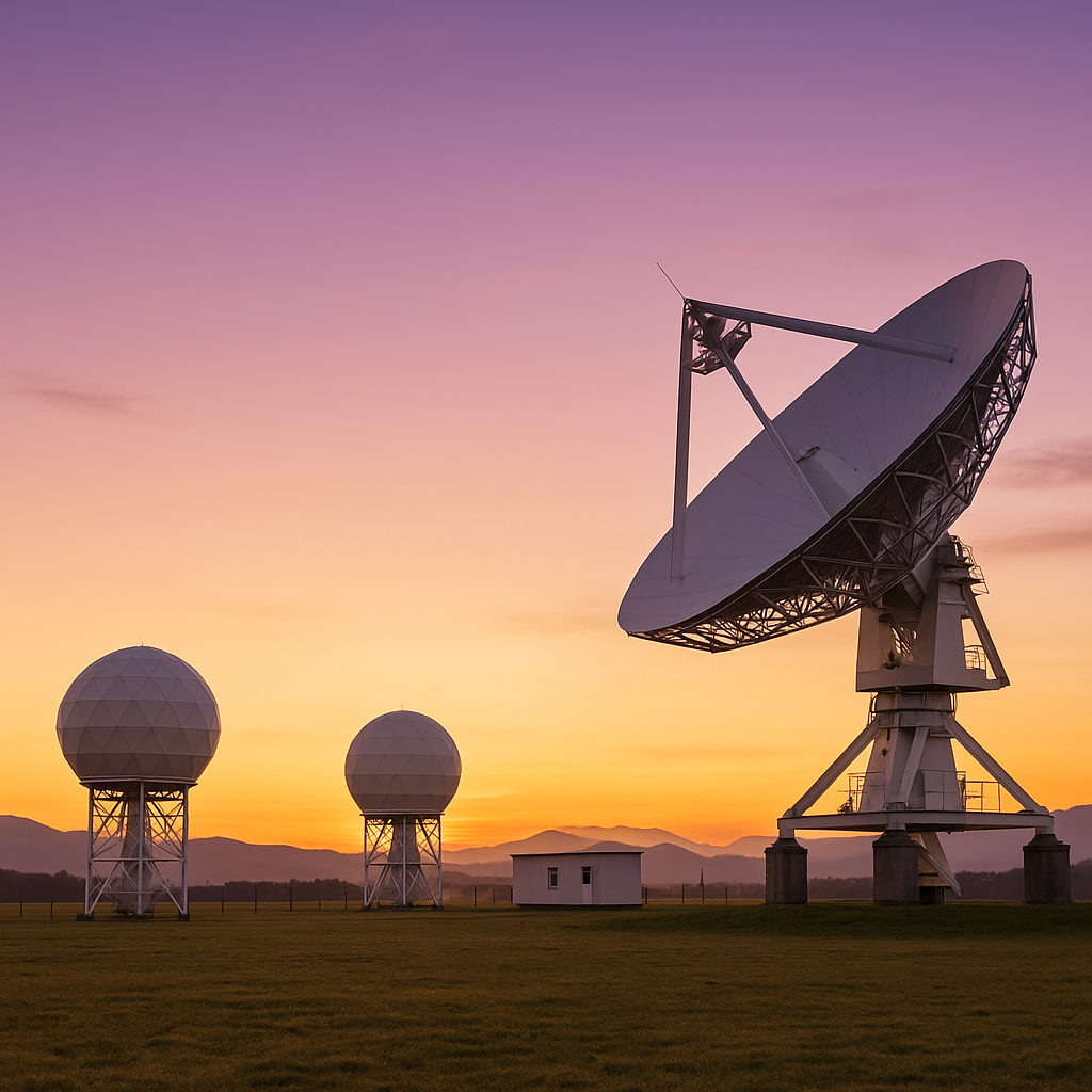 Modern satellite ground station facility with multiple antenna dishes for space communications network operations
